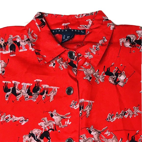 BIRCH BROS Button Down Blouse Black Red Polo Horse - Picture 6 of 13